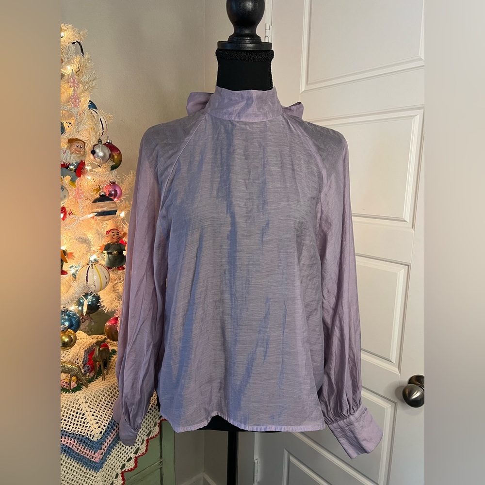 Prologue Lavender Purple Sheer Back Bow Tie Neck Poet Blouse Sz XS Coquette Girl